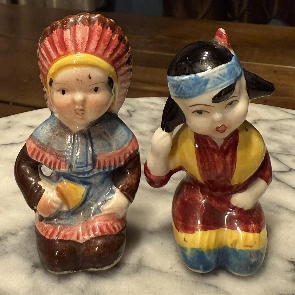 VINTAGE Native American Indian Ceramic Indigenous Boy Girl Salt & Pepper Shakers